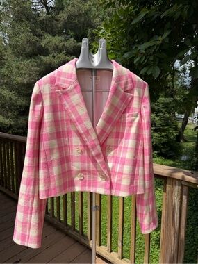 Anthropologie Maeve Pink Plaid Double Breasted Cropped Blazer XL